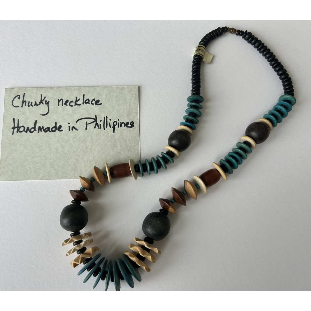 Vtg Chunky Necklaces One Mixed Metal 3 Strand And A Wood Piece Made Philippines - Picture 13 of 16